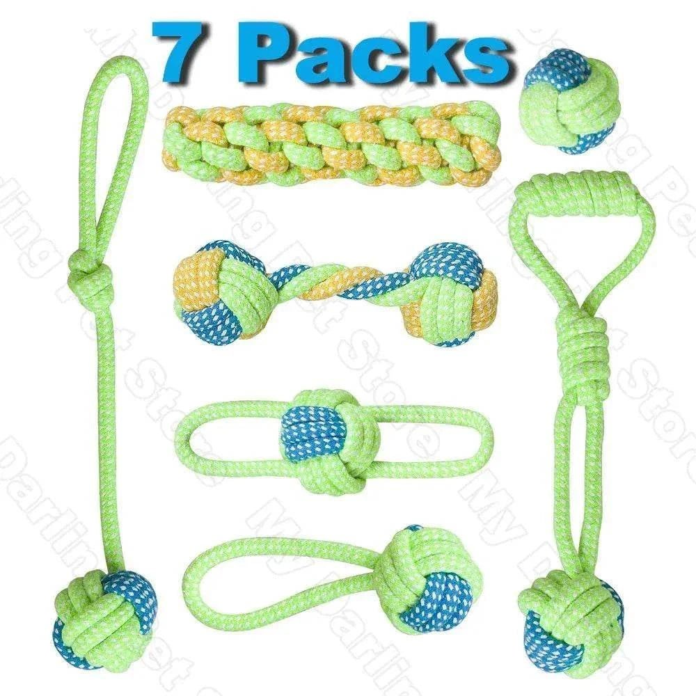Durable cotton chew toys set for dogs, perfect for tugging, throwing, and dental health.