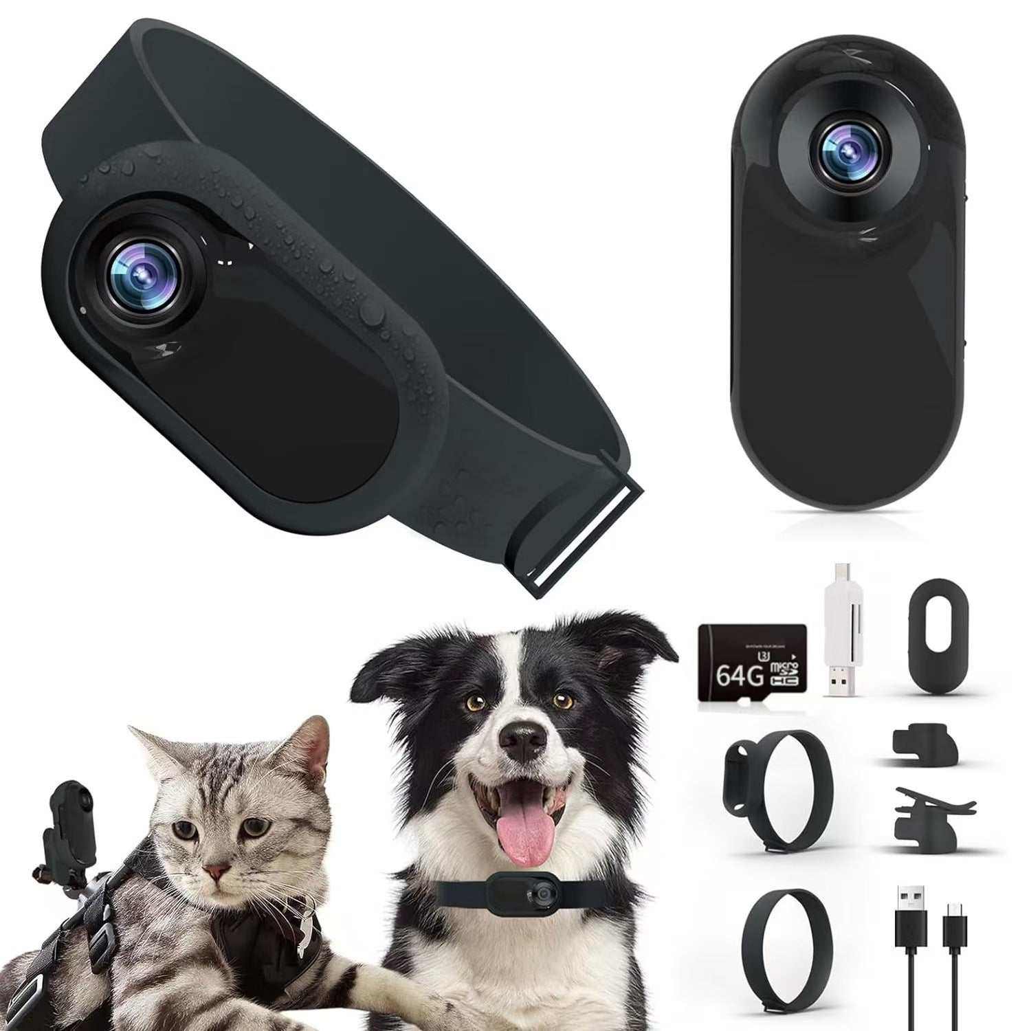 Mini caméra HD magnétique noire avec accessoires pour surveillance d'animaux et enregistrement sportif, incluant carte mémoire 64 Go et bandes de fixation.