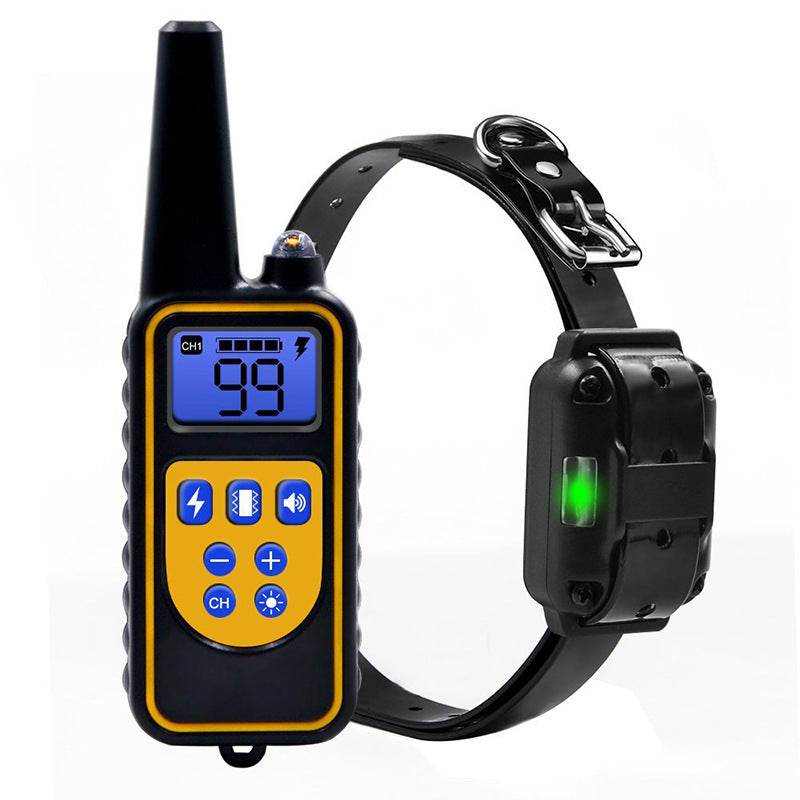Dog Training Collar with Remote, black TPU strap, 4 training modes (shock, vibration, light, sound), LED light, waterproof design, energy-saving mode.