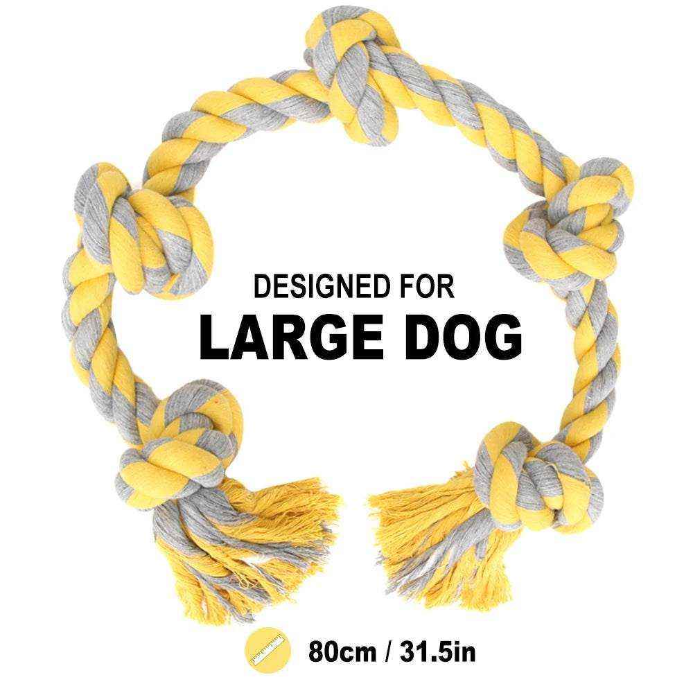 Jouet en corde solide jaune et gris de 80 cm pour grand chien, idéal pour mâchage et jeu interactif.