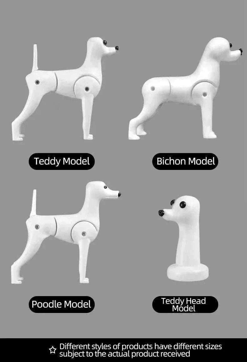 Modèles d'entraînement pour toilettage canin avec différentes postures de chiens en plastique blanc, sans fourrure.