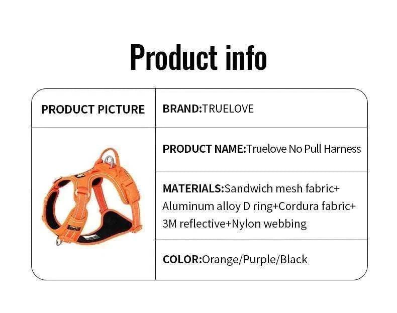 Harnais anti-traction TRUE LOVE orange en nylon réfléchissant avec poignée de contrôle pour chien