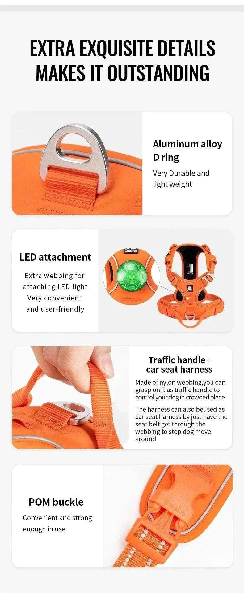 Harnais anti-traction LED pour chien en nylon réfléchissant avec poignée aluminium - Sécurité nocturne