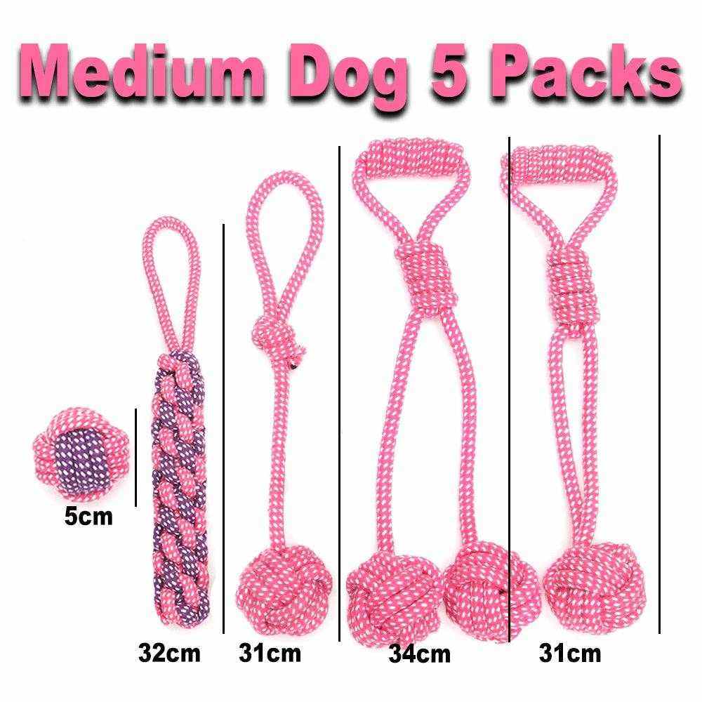 Lot de 5 jouets en corde rose pour chien moyen, différents modèles pour mâchage et jeu interactif.