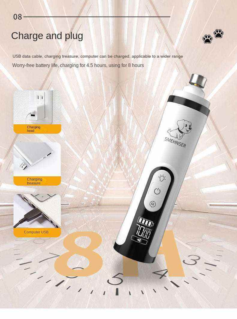 Polisseuse électrique blanche pour griffes d'animaux, tête de meulage interchangeable, 6 vitesses, rechargeable USB, soin des griffes silencieux et précis pour chiens et chats.