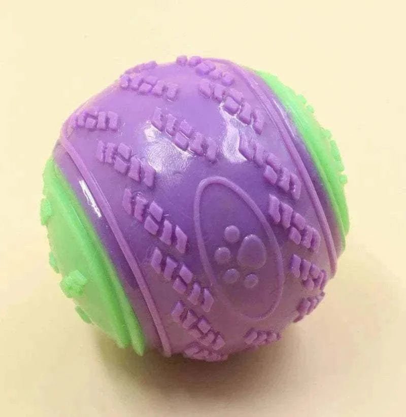 balle mâchouillable pour chiens en TPR violet et vert avec texture pour nettoyage dentaire et jouet interactif sonore
