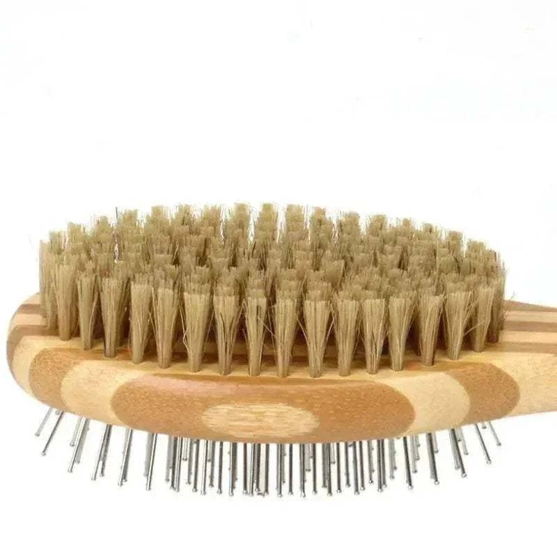 Brosse double face en bambou avec poils de sanglier et picots métalliques pour toilettage doux et démêlage des chiens et chats