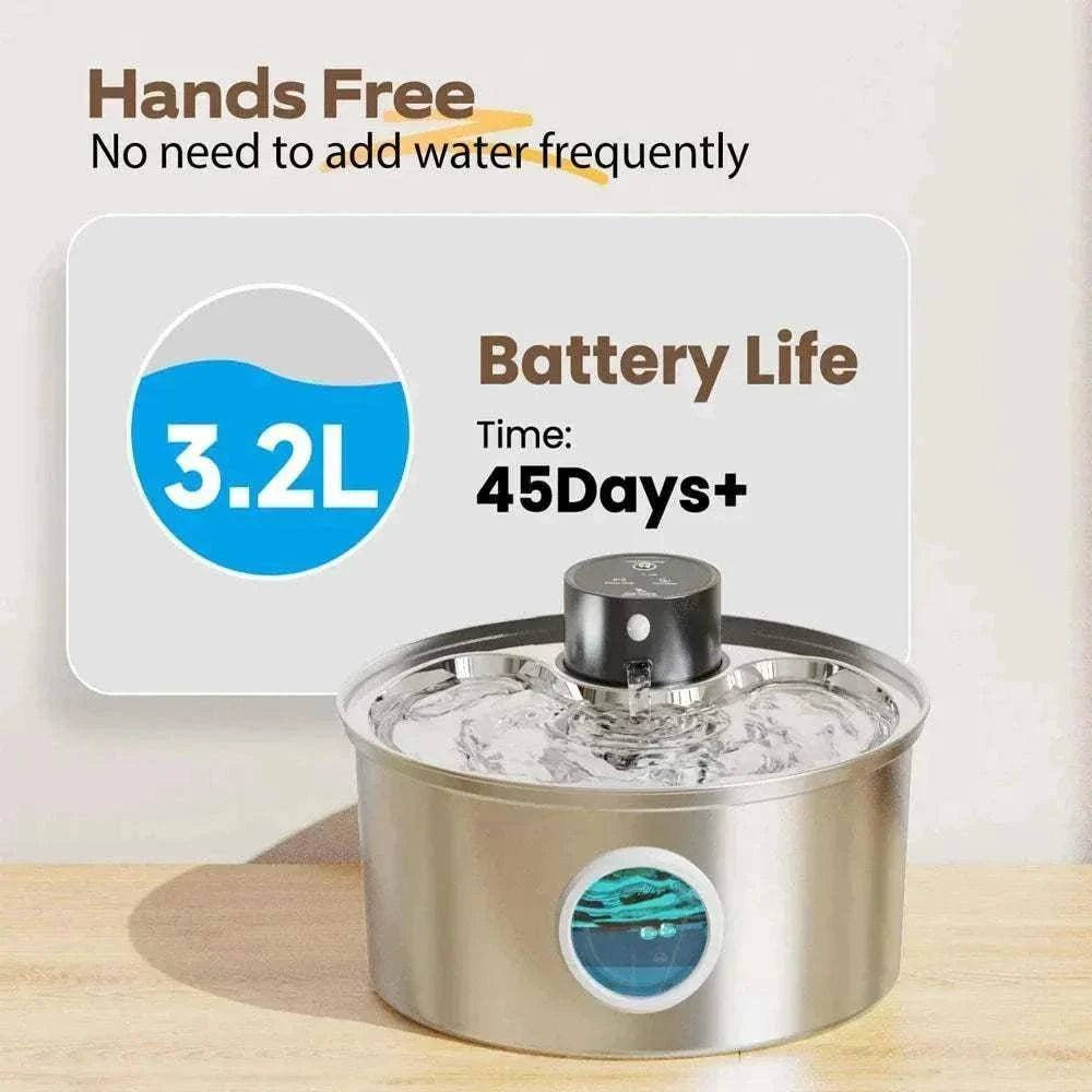Fontaine à eau automatique en acier inoxydable 3,2 L pour chiens et chats avec capteur de mouvement, silencieuse et rechargeable.