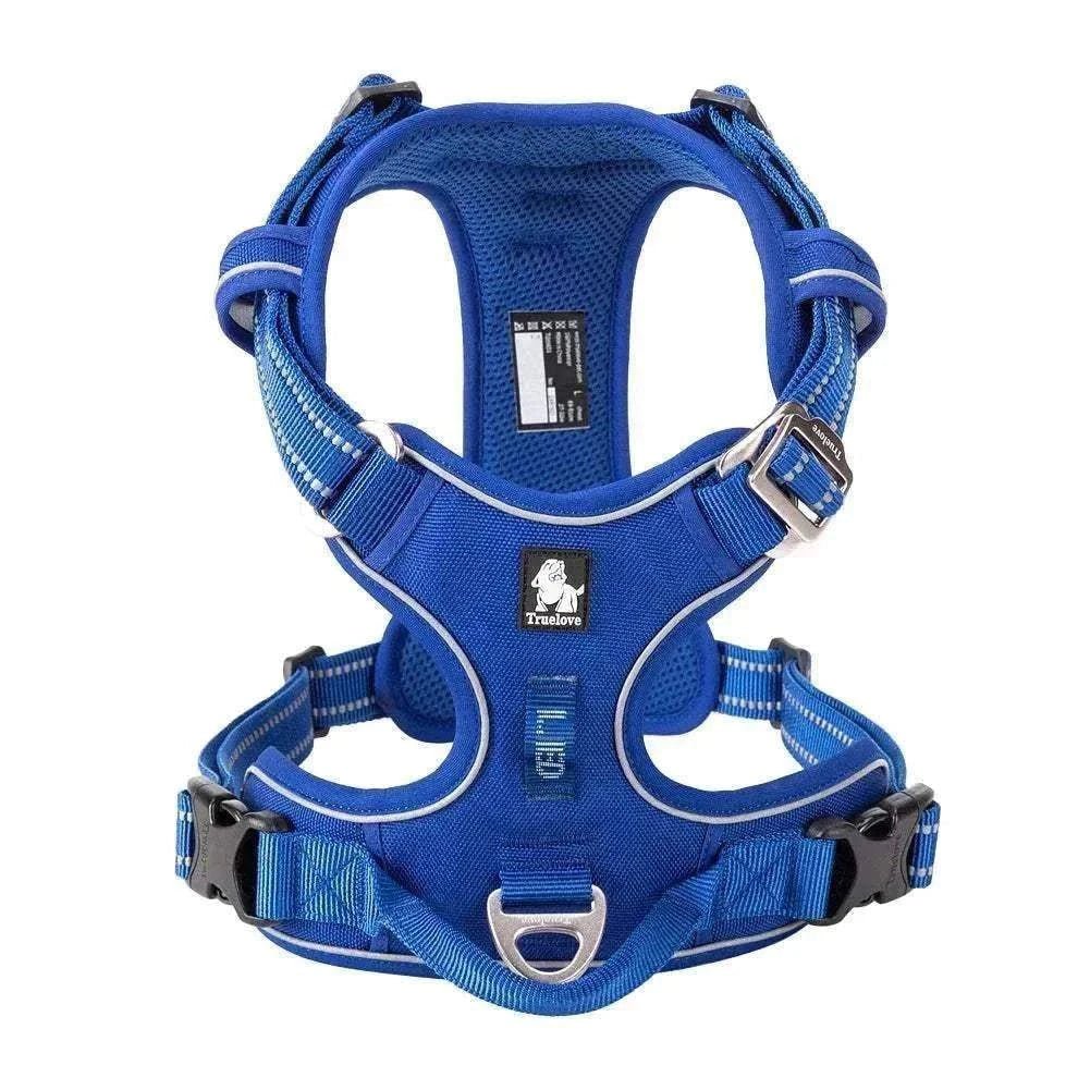 harnais bleu anti-traction pour chien en nylon réfléchissant avec poignée de contrôle et boucles en aluminium