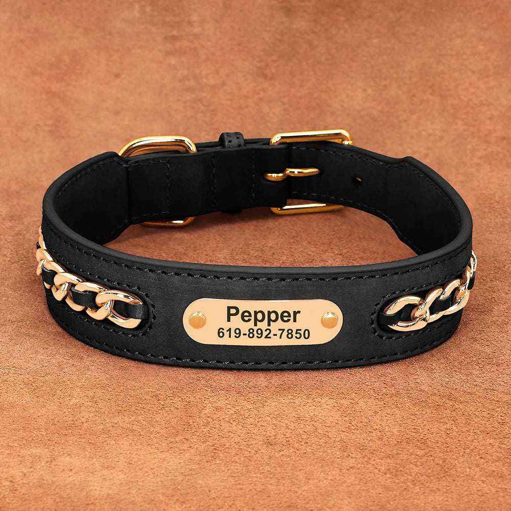 collier en cuir noir pour chien avec plaque d'identification gravée au laser nom Pepper et numéro de téléphone design élégant et résistant