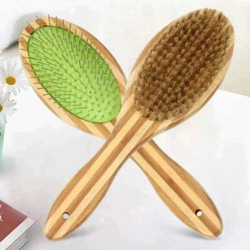brosse double face en bambou pour chiens et chats avec poils de sanglier et picots métalliques pour démêlage et massage