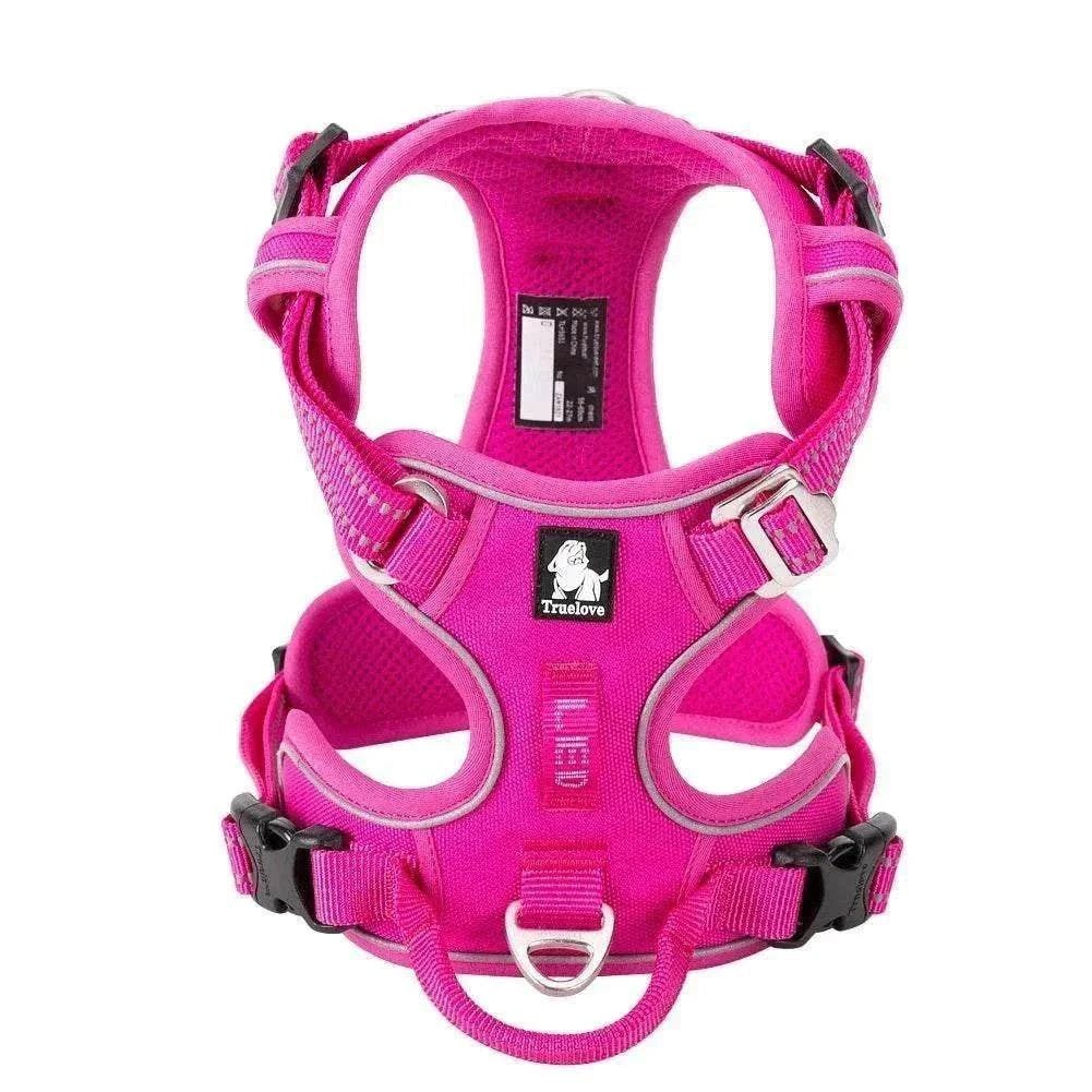 harnais anti-traction rose pour chien en nylon réfléchissant avec poignée de contrôle et boucles en aluminium
