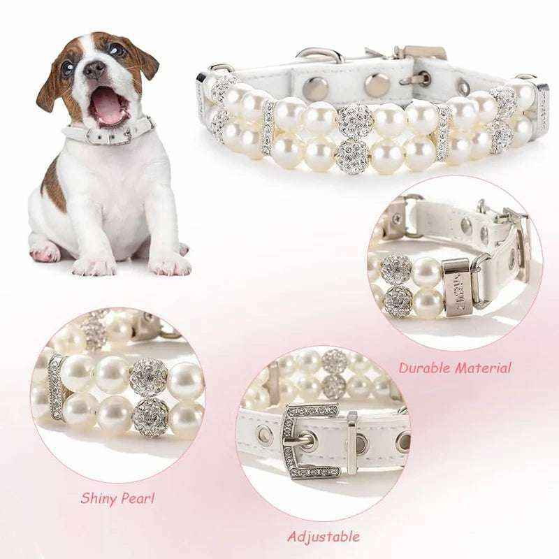 Collier et laisse en cuir PU blanc avec perles brillantes et cristaux pour chien, design luxueux et ajustable.