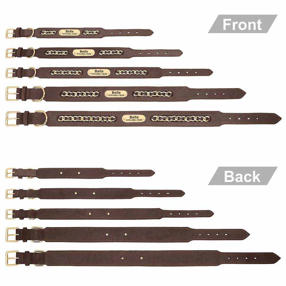 Colliers en cuir marron personnalisés pour chiens avec plaque d'identification gravée au laser, plusieurs tailles disponibles.