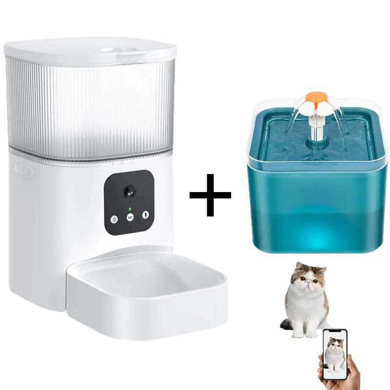Distributeur automatique de nourriture pour chats et chiens avec caméra intégrée, connectivité WiFi, contrôle vocal et réservoir de 3L.
