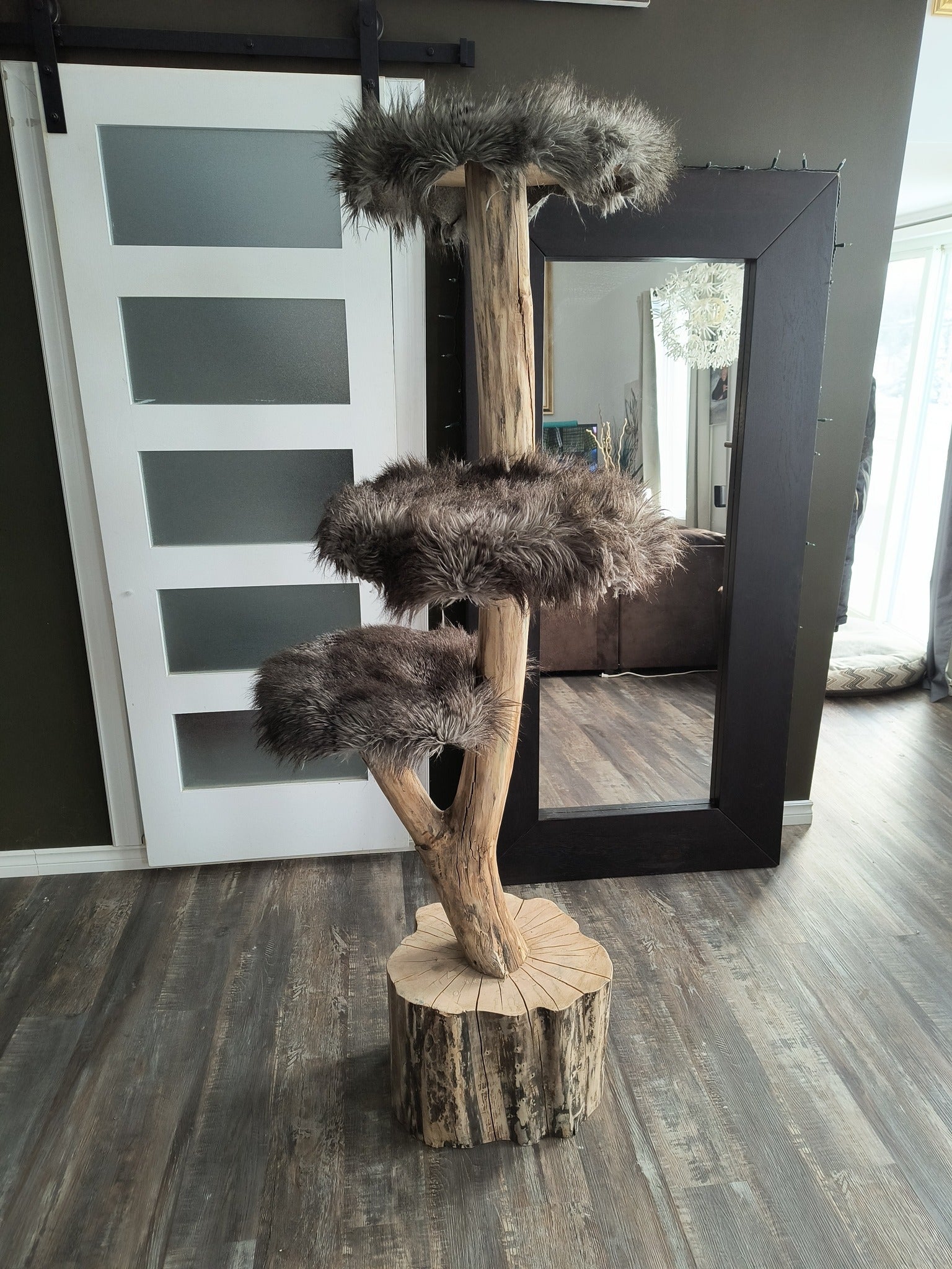 Arbre à chat élégant gris taupe dans salon moderne - 3 plateformes sur bois naturel - Artisan Québec