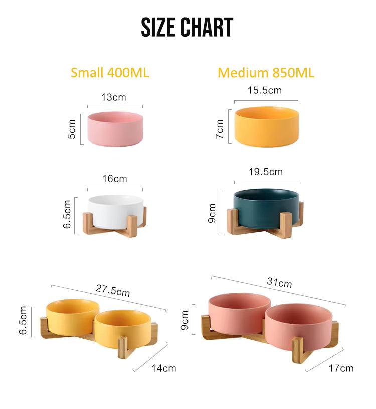 Premium Ceramic Bowls for Dogs and Cats - Non-Slip Wooden Stand
