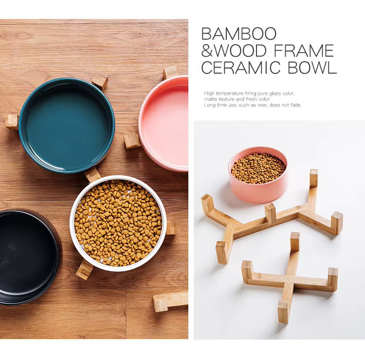 Premium Ceramic Bowls for Dogs and Cats - Non-Slip Wooden Stand