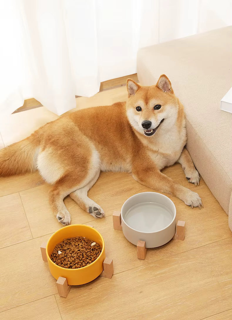 Premium Ceramic Bowls for Dogs and Cats - Non-Slip Wooden Stand