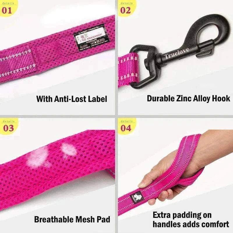 laisse chien Truelove 110 cm rembourrée rose à coutures réfléchissantes 3M avec crochet en alliage de zinc durable et maille