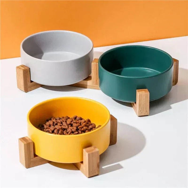 Premium Ceramic Bowls for Dogs and Cats - Non-Slip Wooden Stand