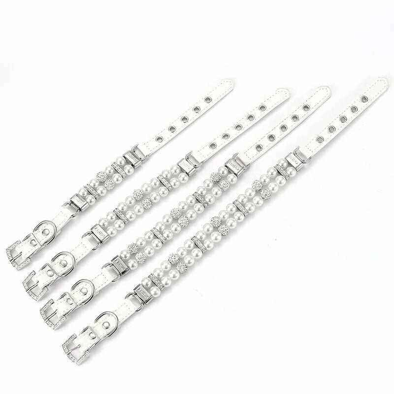 ensemble collier et laisse pour animaux en cuir PU blanc avec perles et cristaux élégants pour chiens et chats