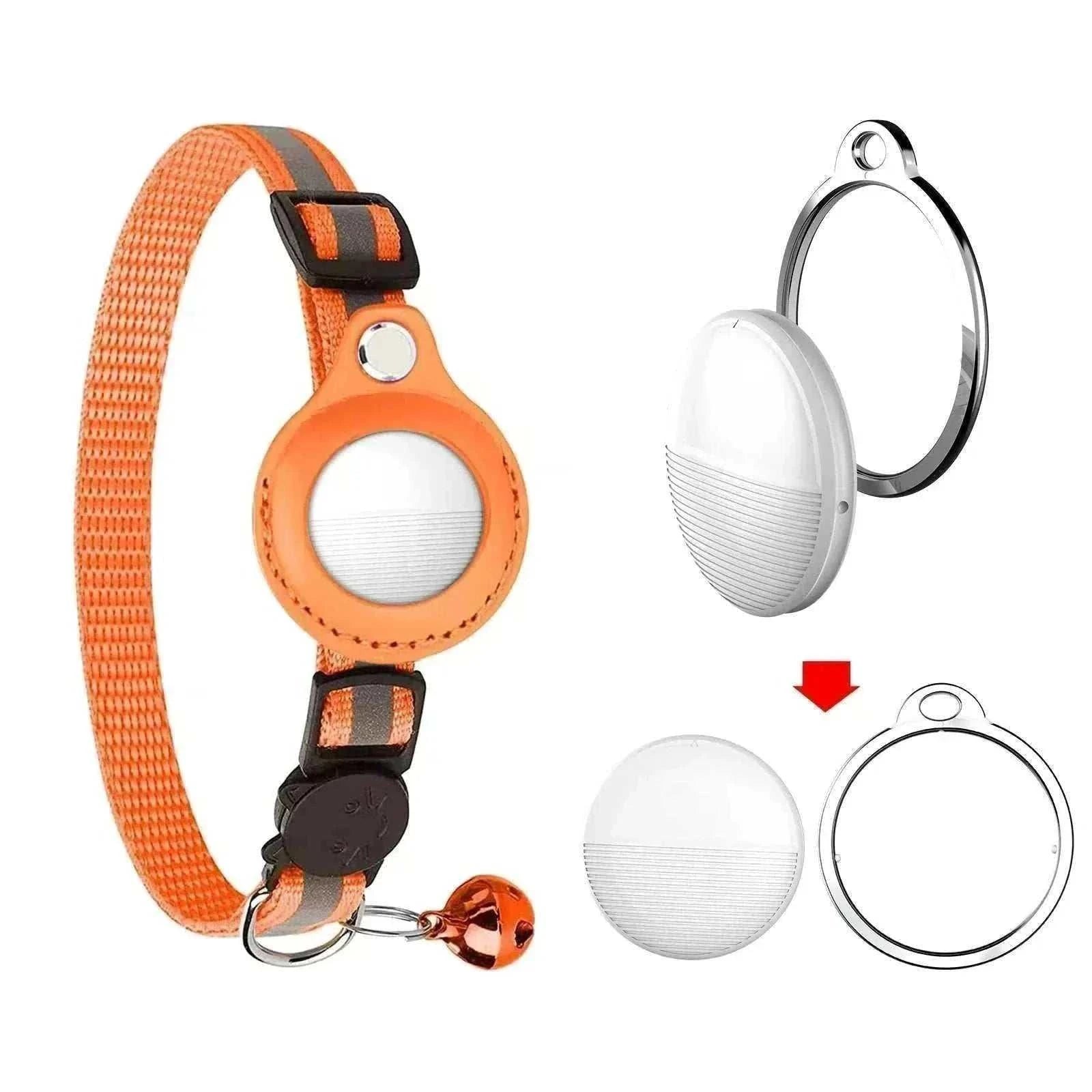 Mini traceur GPS blanc avec boîtier en cuir orange pour collier d'animal, compatible Apple Find My et localisation Bluetooth anti-perte.