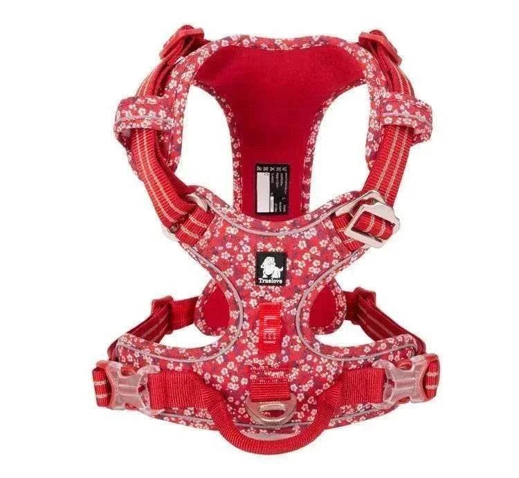 harnais anti-traction pour chien rouge à motifs floraux en nylon réfléchissant avec poignée de contrôle et boucles réglables