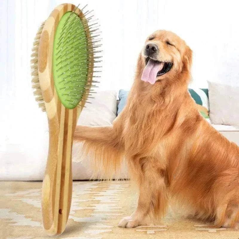 Brosse double face bambou avec poils de sanglier et picots métalliques pour toilettage doux et démêlage chiens et chats pelage épais ou sensible