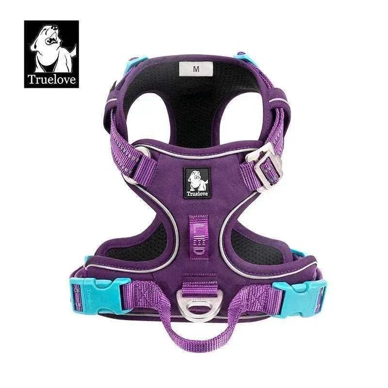 harnais anti-traction pour chien violet réglable en nylon avec bandes réfléchissantes et poignée de contrôle