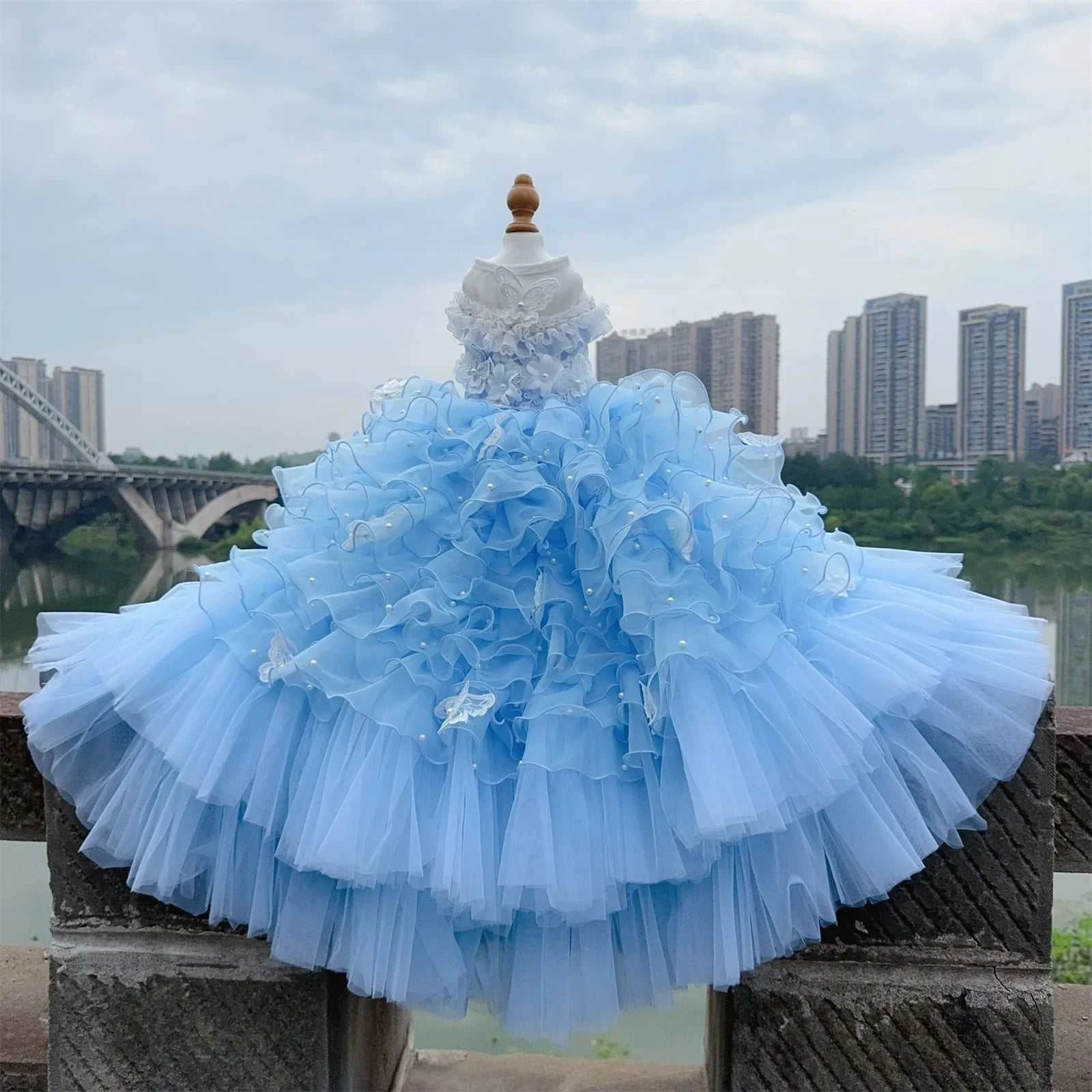 Robe de luxe pour chien | Fait main avec dentelle, perles & broderies florales